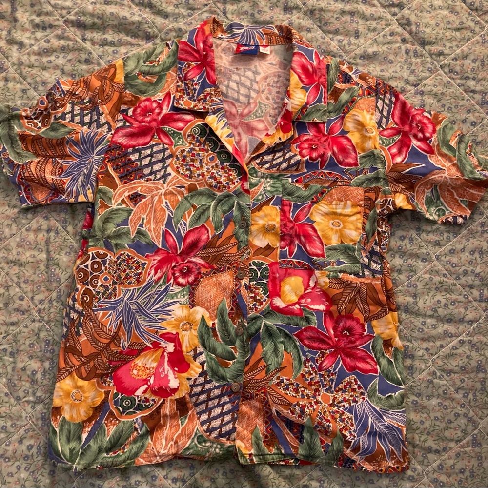 Tail brand Hawaiian print short sleeve button down shirt with pocket S red brown